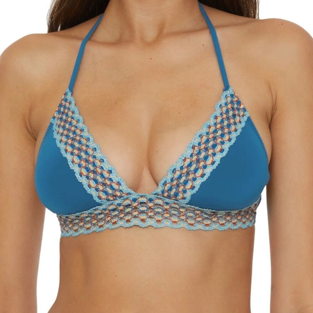 NWOT Becca Blue Harmonia Metallic Lace Trim Halter Triangle Bikini Top Size L